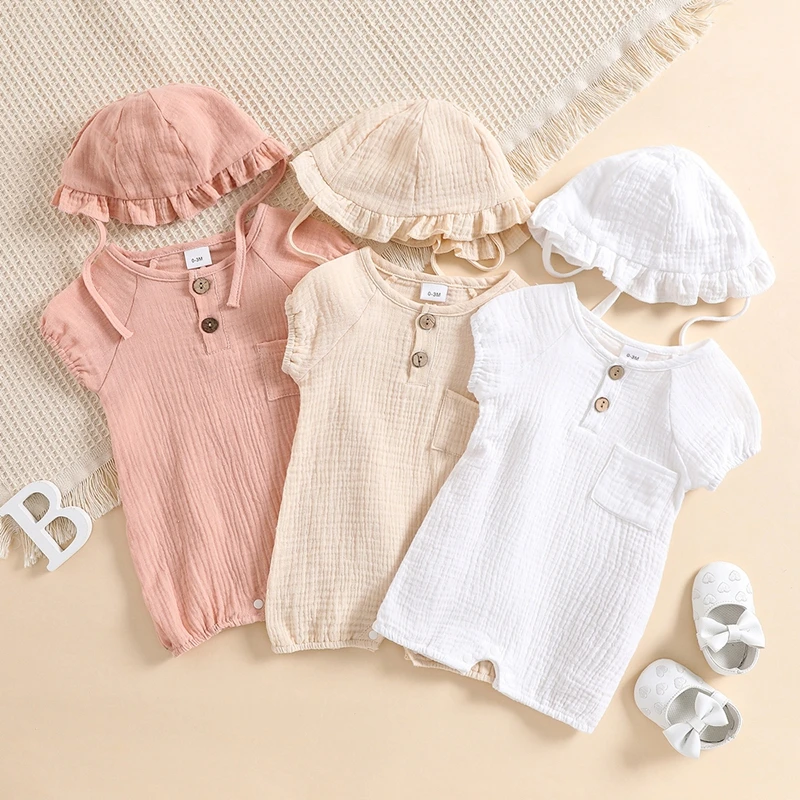 Baby Solid Color Clothes Set Bubble Cotton Romper Short Sleeve Crew Neck Chest Pocket Jumpsuit Lace Hat Summer Two Piece Set
Baby Solid Color Clothes Set Bubble Cotton Romper Short Sleeve Crew Neck Chest Pocket Jumpsuit Lace Hat Summer Two Piece Set
