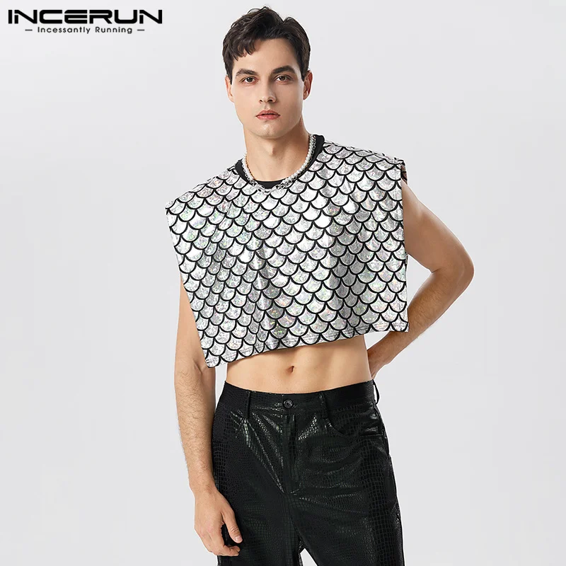 

INCERUN Tops 2023 American Style New Men Fashion Cropped Flash Scales Design Waistcoat Casual Party Shows Sleeveless Vests S-5XL