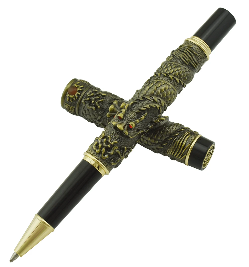 

Jinhao Vintage Luxurious Bronze Rollerball Pen Small Double Dragon Playing Pearl, Metal Carving Embossing Heavy Collection Pen