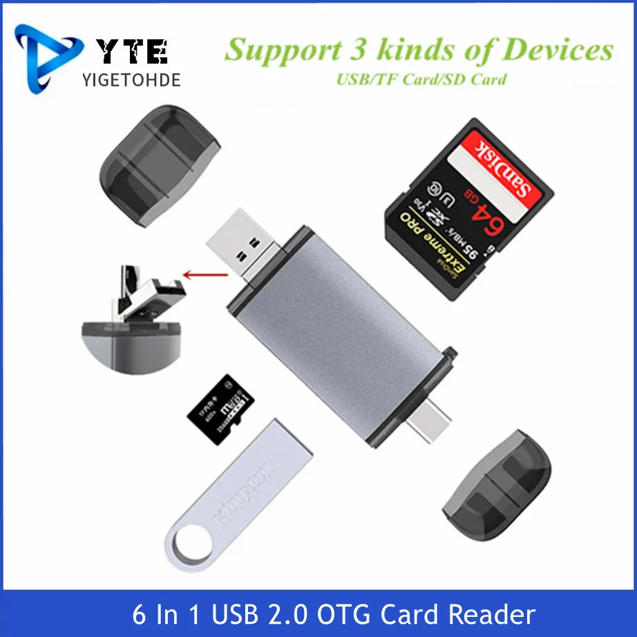 

YIGETOHDE 6 In 1 USB 2.0 OTG Card Reader TYPE-C/MicroUSB/USB2.0/TF/SD Memory Card Card Readers For Computer Laptop Android Phone