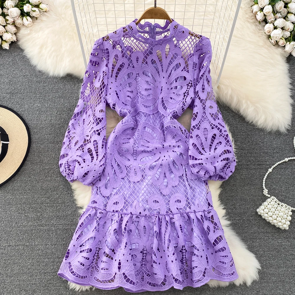 Lace Floral Embroidery Dress For Women Hollow Out Stand Collar Puff Sleeve High Waist Streerwear Bodycon Vestidos Robes Female
Lace Floral Embroidery Dress For Women Hollow Out Stand Collar Puff Sleeve High Waist Streerwear Bodycon Vestidos Robes Female