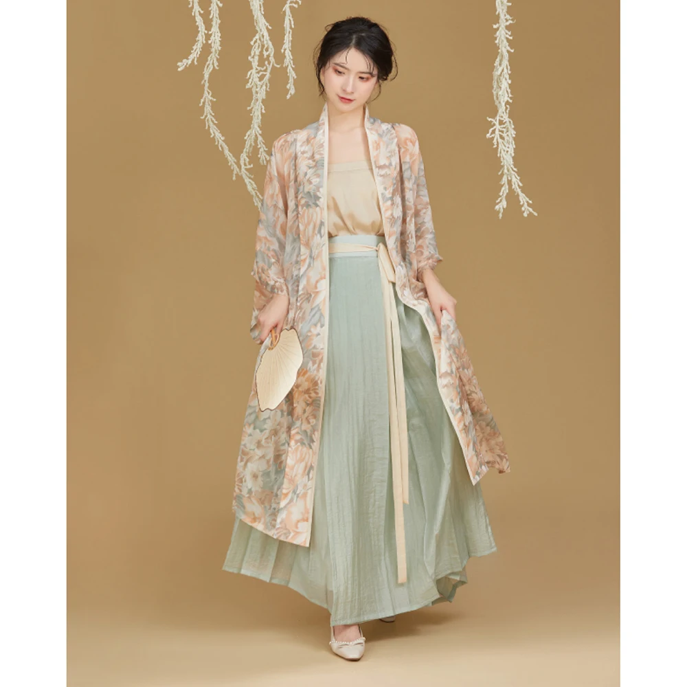 

Song Dynasty Floral Printed Robe Suspender Horse Face Skirt Chinese Women Hanfu Set 2022 Autumn Elegant Ao Dai Vietnam Dresses