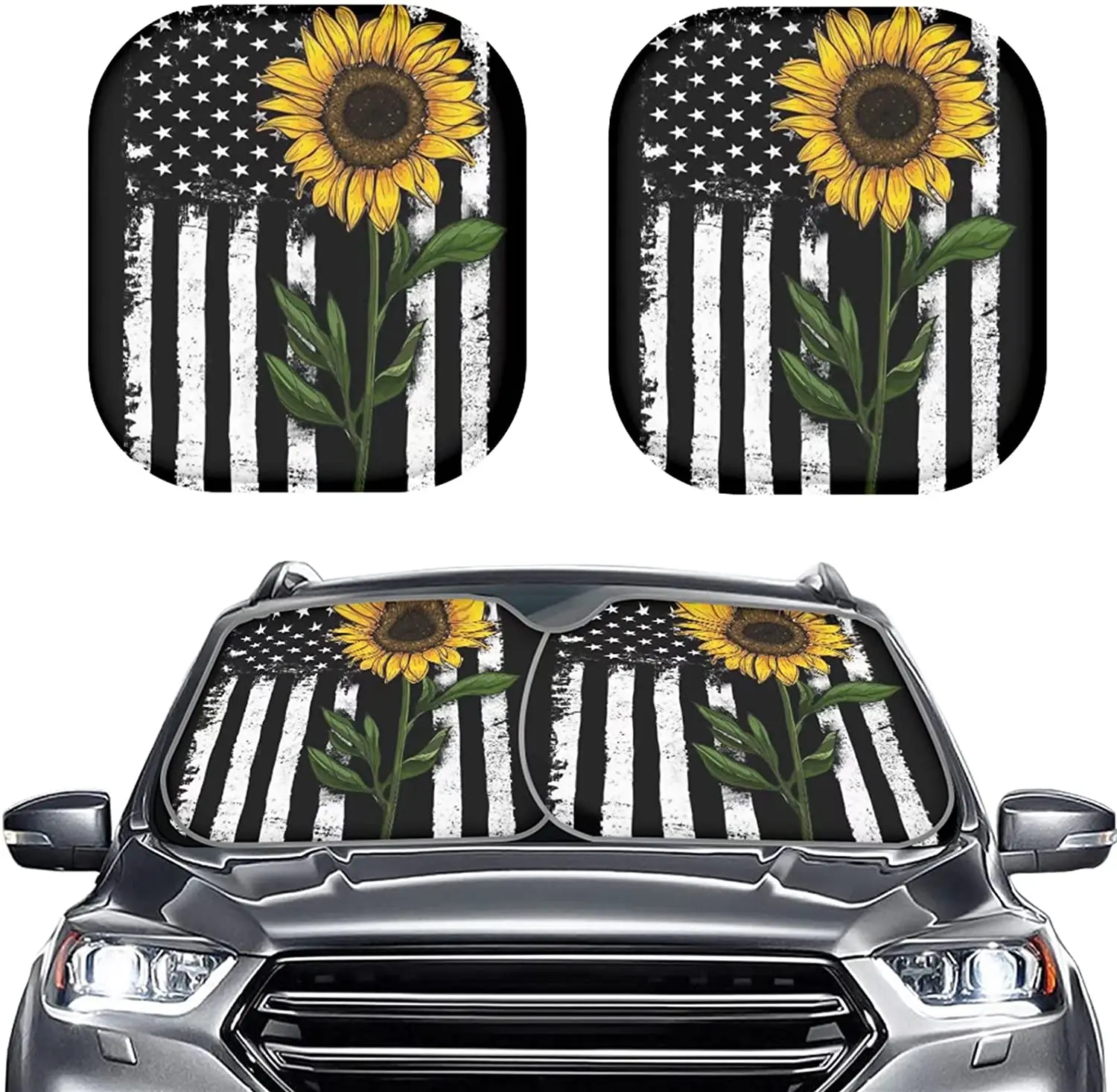 

POLERO American Flag Sunflower Car Sunshades 2 Pieces Auto Windshield Block Sun Visor Protector Sun Shades Universal Fit Most Ve