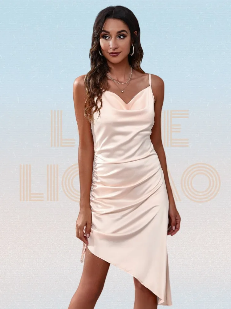 Draped Collar Shirring Asymmetrical Hem Satin Cami Dress Women Plain High Waist Sleeveless Casual Midi Dress Summer Robe Femme
Draped Collar Shirring Asymmetrical Hem Satin Cami Dress Women Plain High Waist Sleeveless Casual Midi Dress Summer Robe Femme