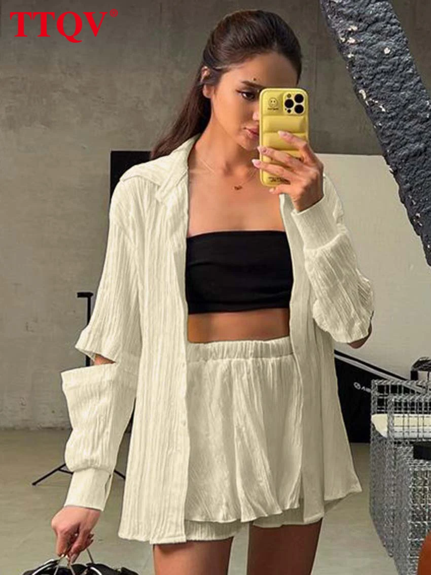 TTQV Fashion Beige Sets For Women 2 Pieces Casual New Long Sleeve Hollow Out Shirts And High Waisted Splicing Shorts Female Sets
TTQV Fashion Beige Sets For Women 2 Pieces Casual New Long Sleeve Hollow Out Shirts And High Waisted Splicing Shorts Female Sets