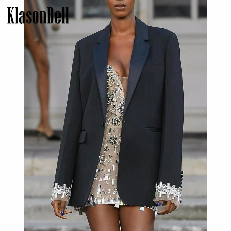 

3.21 KlasonBell Runway Fashion Diamonds Spliced Long Sleeve Beading Design Single Button Temperament Blazer Women