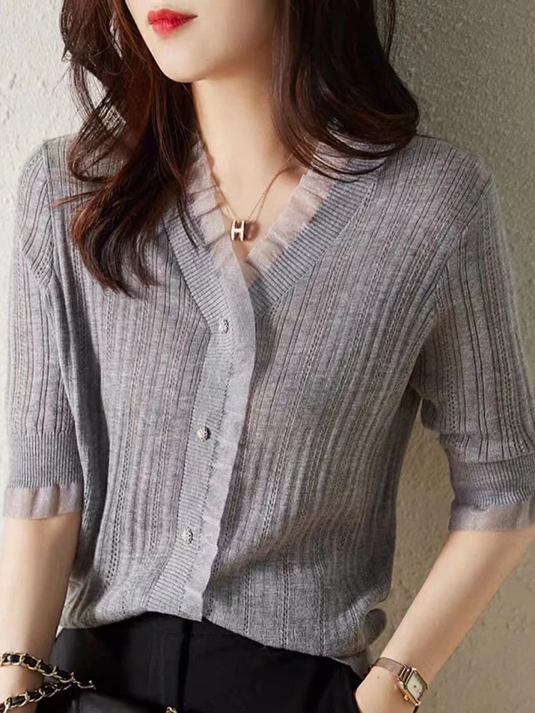 Gray Thin Cardigan Women Sweater Gauze Patchwork V Neck Knitted Top Half Sleeve Sweaters 2022 Summer Casual Clothes Sweter Mujer
Gray Thin Cardigan Women Sweater Gauze Patchwork V Neck Knitted Top Half Sleeve Sweaters 2022 Summer Casual Clothes Sweter Mujer