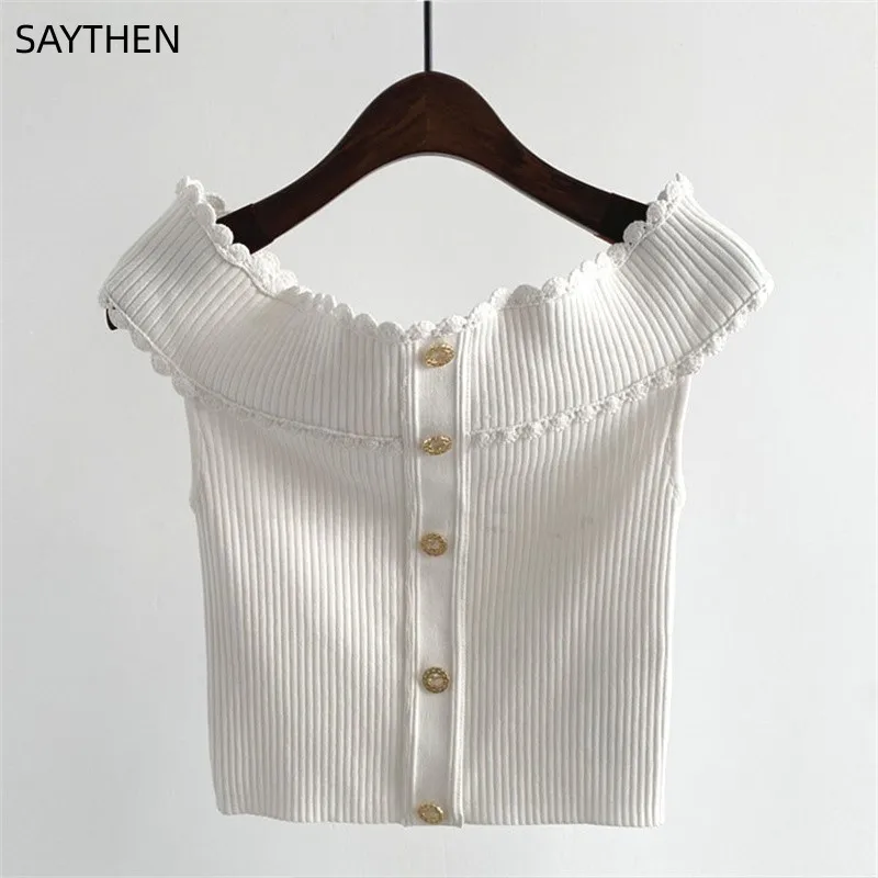 SAYTHEN 2023 Wave Border Lace Off Shoulder Top Women's Slim Fitting Short Metal Button Decoration Sexy Solid Color Knit Shirt
SAYTHEN 2023 Wave Border Lace Off Shoulder Top Women's Slim Fitting Short Metal Button Decoration Sexy Solid Color Knit Shirt