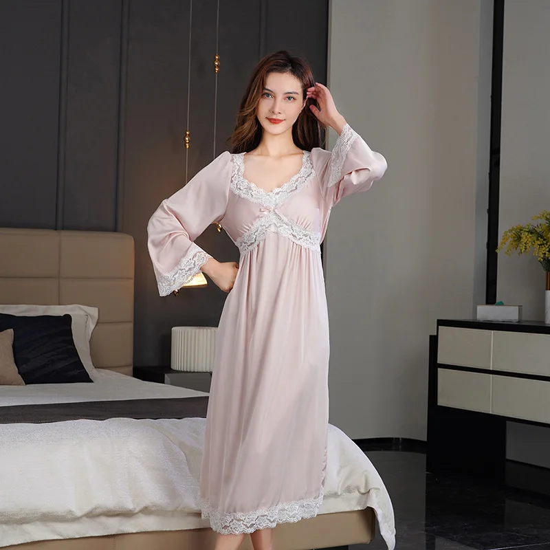 Full Sleeve V-Neck Nightdress Female Sexy Faux Silk Sleepwear Spring Summer Long Nightgown Intimate Home Dress Casual Nightwear
Full Sleeve V-Neck Nightdress Female Sexy Faux Silk Sleepwear Spring Summer Long Nightgown Intimate Home Dress Casual Nightwear