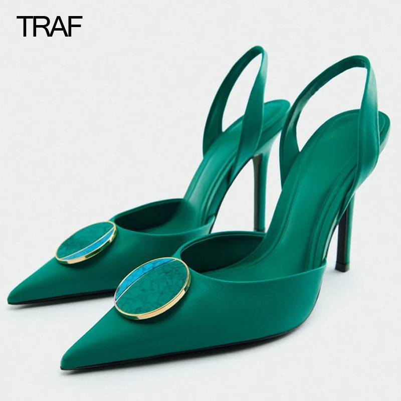 

TRAF Women Green Rhinestone High Heels Woman Pumps Heeled Sandals Fashion Female Stiletto Slingback Pointe Weddings Bridal Shoes