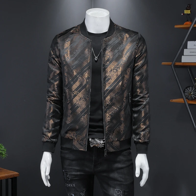 

Men Luxury Vintage Bronze Print Jacket 2022 Autumn Slim Fit Bomber Jacket Stand Collar Casual Coat Streetwear Plus Size 5XL-M