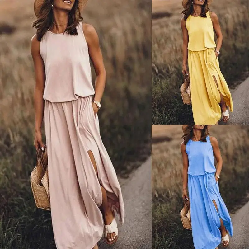 Summer European and American women's round neck sleeveless slit solid color dress
Summer European and American women's round neck sleeveless slit solid color dress