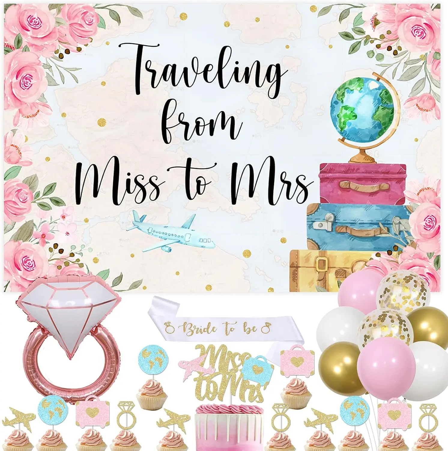 Travel Bachelorette Party Decorations Travel From Miss To Mrs Backdrop Pink Diamond Balloon Bride To Be Sash for Bridal Shower
Travel Bachelorette Party Decorations Travel From Miss To Mrs Backdrop Pink Diamond Balloon Bride To Be Sash for Bridal Shower