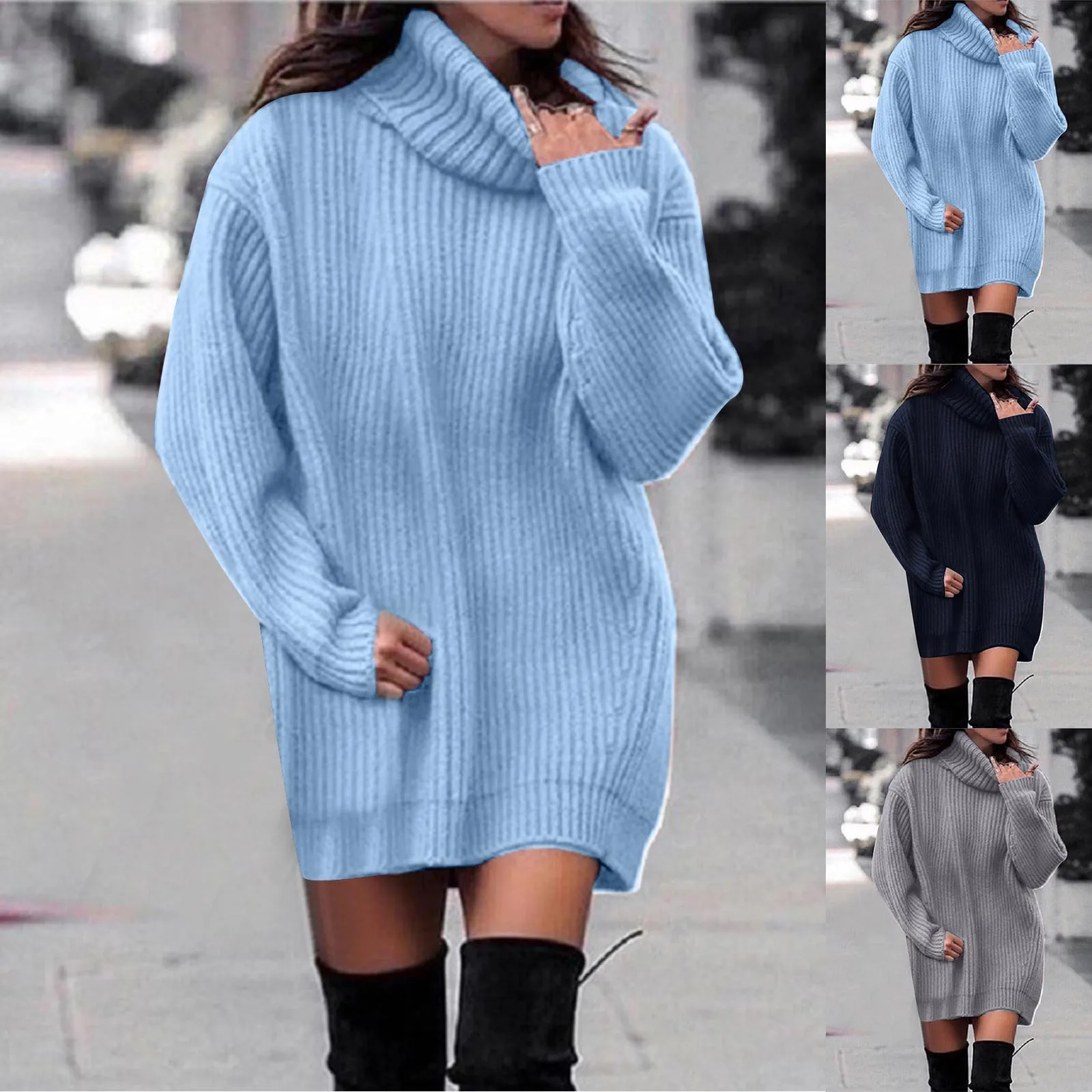 Женское трикотажное платье-свитер с длинным рукавом и высоким воротником
Женское трикотажное платье-свитер с длинным рукавом и высоким воротником