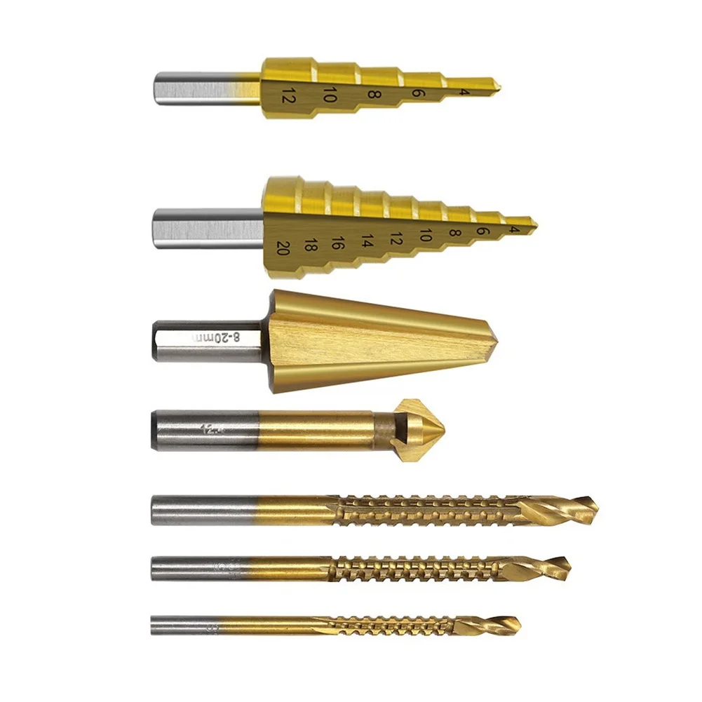 7pcs 4-12 4-20 Titanium Coated Step Drill Bit Wood Hole Opener Cutter Straight Groove Bits Popwer Tool Accessories
7pcs 4-12 4-20 Titanium Coated Step Drill Bit Wood Hole Opener Cutter Straight Groove Bits Popwer Tool Accessories