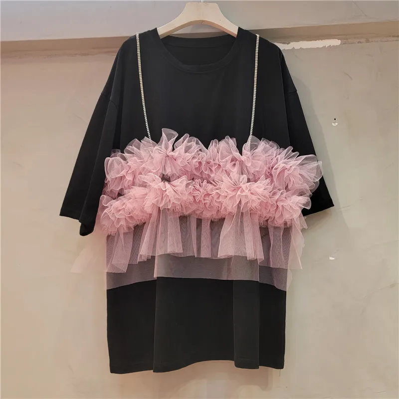 Chic Women O-Neck Short Sleeve Gauze Ruffles Diamonds T-shirts Mesh Spliced Loose Gauze Pleated Tees Jumpers Crop Tops 2023
Chic Women O-Neck Short Sleeve Gauze Ruffles Diamonds T-shirts Mesh Spliced Loose Gauze Pleated Tees Jumpers Crop Tops 2023