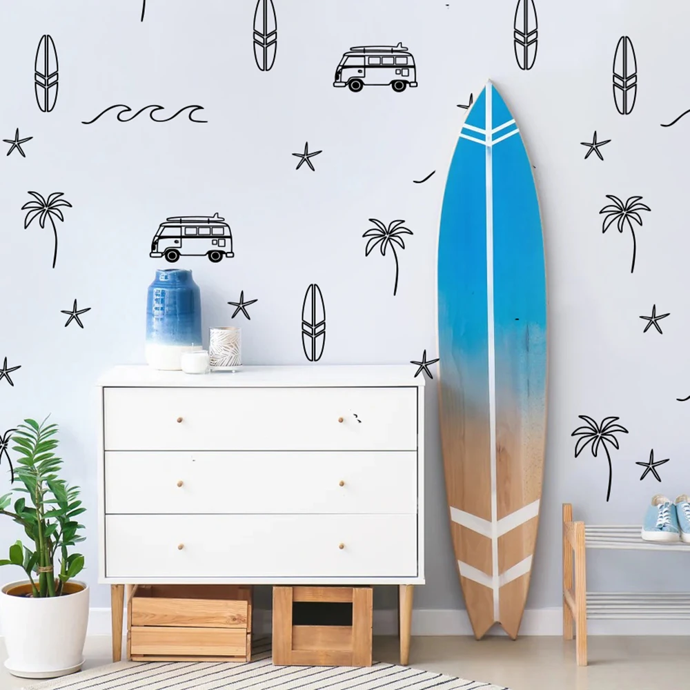 

Surf's Up Wave Ocean Beach Palm Tree Car Wall Sticker Decal Surfing Kids Playroom Bedroom Living Room Vinyl Home Decor