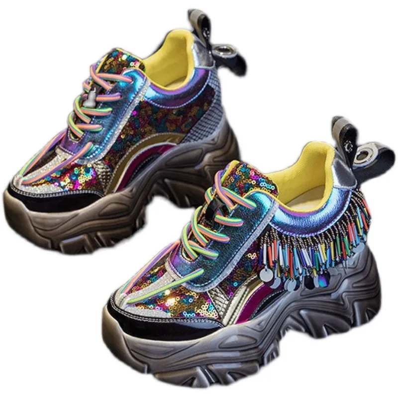 New Women Glitter Tassel sheet metal Sneakers Casual Female Lace Up Platform Shoes walking shoes
New Women Glitter Tassel sheet metal Sneakers Casual Female Lace Up Platform Shoes walking shoes