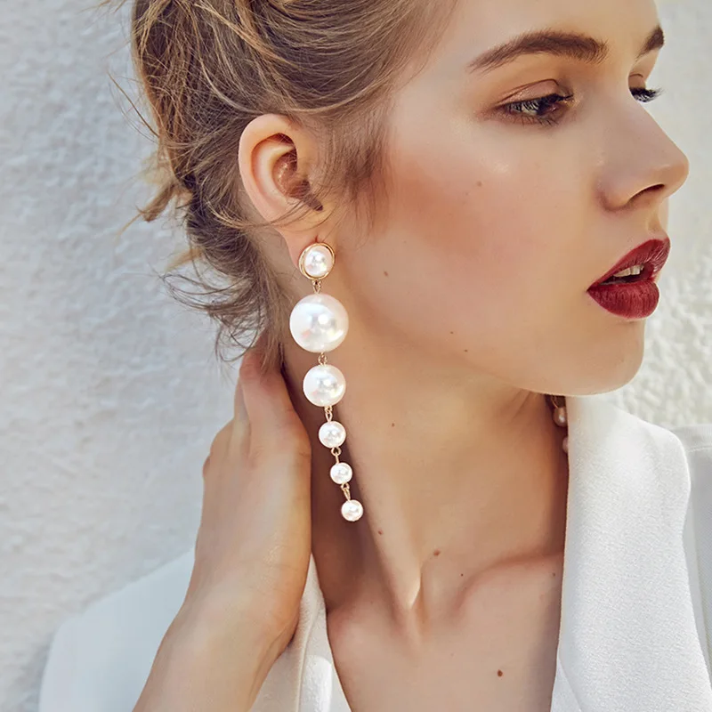 

MISANANRYNE Elegant Created Big Simulated Pearl Long Earrings Pearls String Statement Drop Earrings For Women Wedding Party Gift