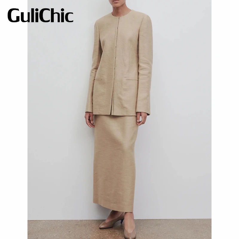 7.2 GuliChic Women Temperament Office Lady Hidden Breasted Linen Jacket Or High Waist Back Split Long Skirt Set
7.2 GuliChic Women Temperament Office Lady Hidden Breasted Linen Jacket Or High Waist Back Split Long Skirt Set