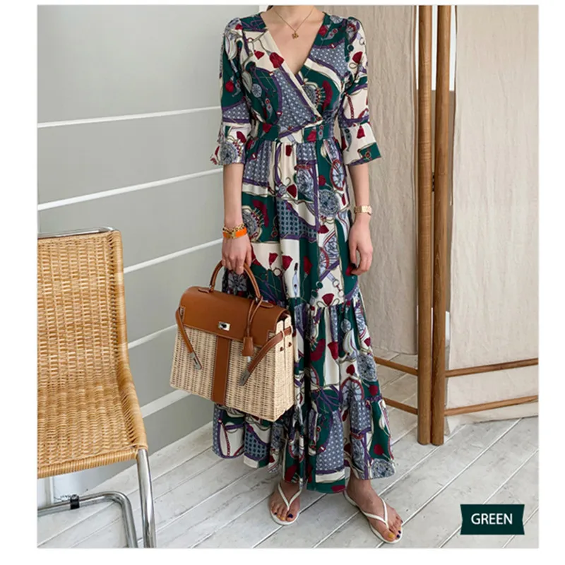 

Korean Print Floral Dress Women Version Of Ethnic Style V-neck Neckline With Waistband Slim And Long Dress For Seaside Vacation