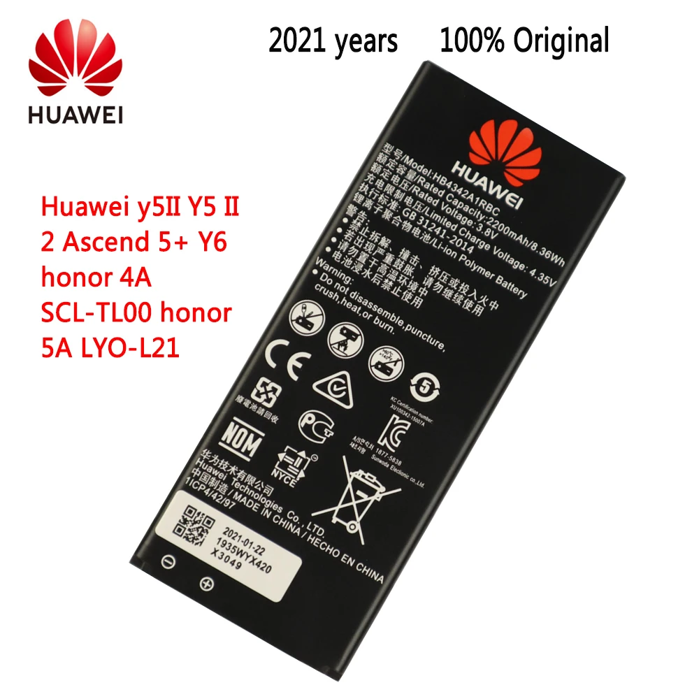 HUAWEI 100% original Battery HB4342A1RBC for Huawei Y5II Y5 II 2 Ascend 5+ Y6 Honor 4A SCL-TL00 Honor 5A LYO-L21 2200mAh
HUAWEI 100% original Battery HB4342A1RBC for Huawei Y5II Y5 II 2 Ascend 5+ Y6 Honor 4A SCL-TL00 Honor 5A LYO-L21 2200mAh