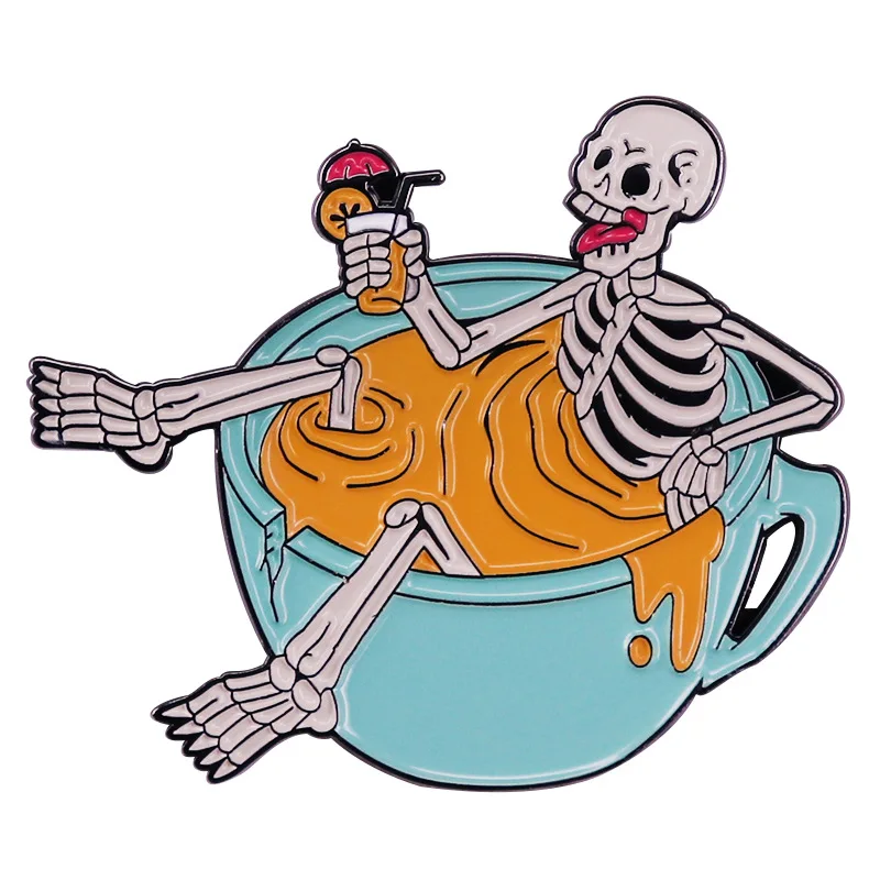 

A1947 The skeleton sitting in the cup drinks coffee Metal Enamel Pins Badge Brooch Pines Backpack Bag Collar Jewelry Gifts