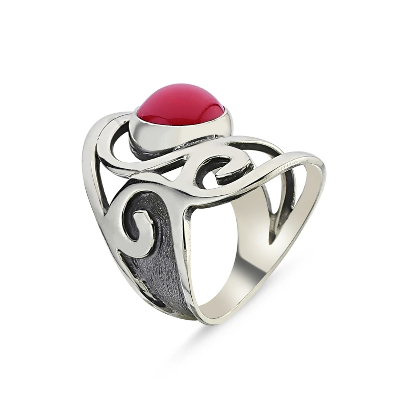 Silver 925 Sterling Coral Stone Handwork Ring 
Silver 925 Sterling Coral Stone Handwork Ring