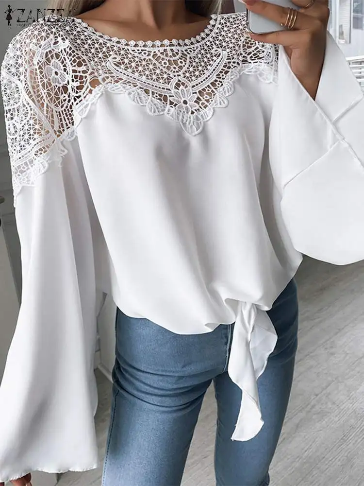 ZANZEA Lace Stitching Fashion Shirts Women O Neck Tops Sexy Hollow Out Blusa Elegant Bandage Long Flare Sleeve Vintage Blouse 
ZANZEA Lace Stitching Fashion Shirts Women O Neck Tops Sexy Hollow Out Blusa Elegant Bandage Long Flare Sleeve Vintage Blouse