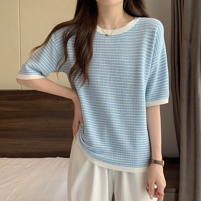 Summer Vintage Striped Knit Tshirt Tops Women's Sweater Knitwear Short Sleeve O-neck Stylish Fashion Chic Ladies Tees Jumpers
Summer Vintage Striped Knit Tshirt Tops Women's Sweater Knitwear Short Sleeve O-neck Stylish Fashion Chic Ladies Tees Jumpers