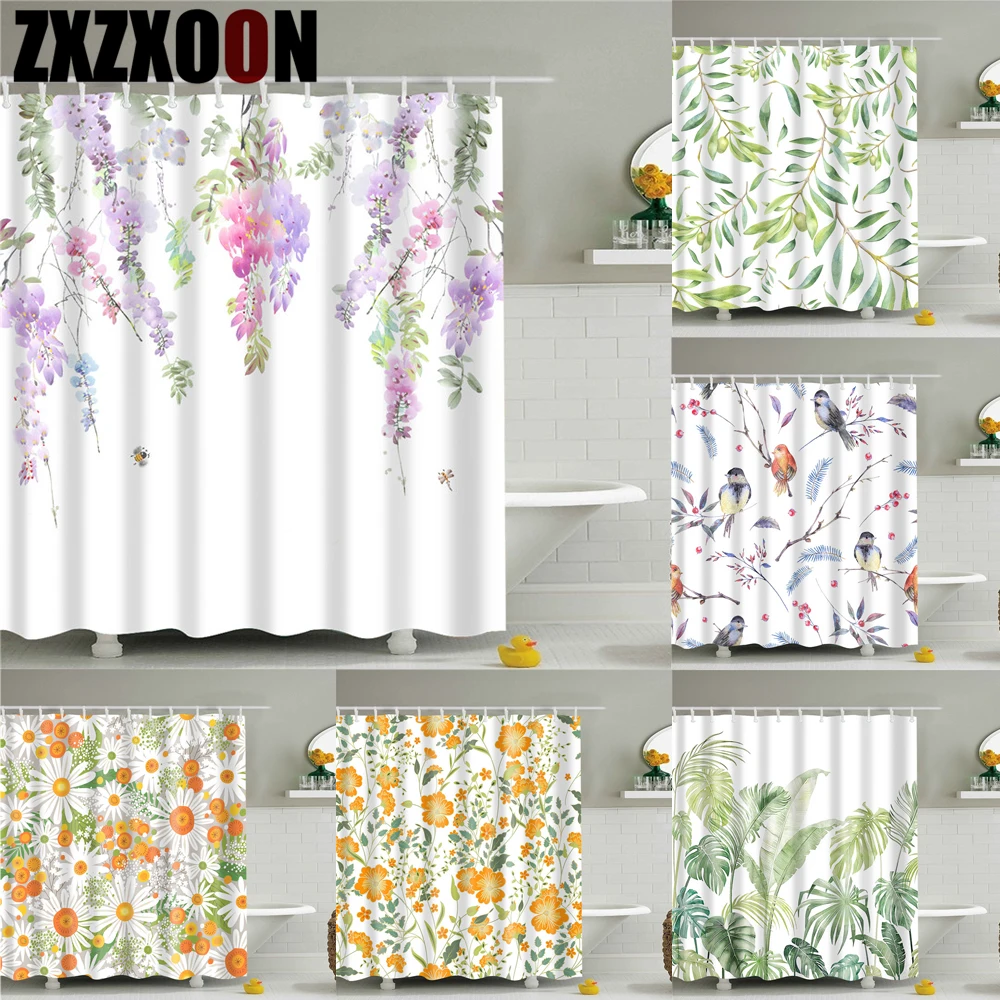 

Tropical Green Plant Palm Leaves Flowers Birds Trees Sunflowers Bathroom Shower Curtains Waterproof Polyester with Hooks