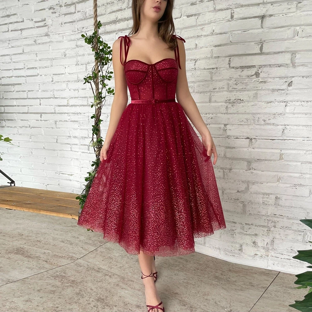 Burgundy Shiny Sheer Sweetheart Ball Dress Italian Noodle Strap Party Dress Women's Tea Length Graduation Dress Customization
Burgundy Shiny Sheer Sweetheart Ball Dress Italian Noodle Strap Party Dress Women's Tea Length Graduation Dress Customization