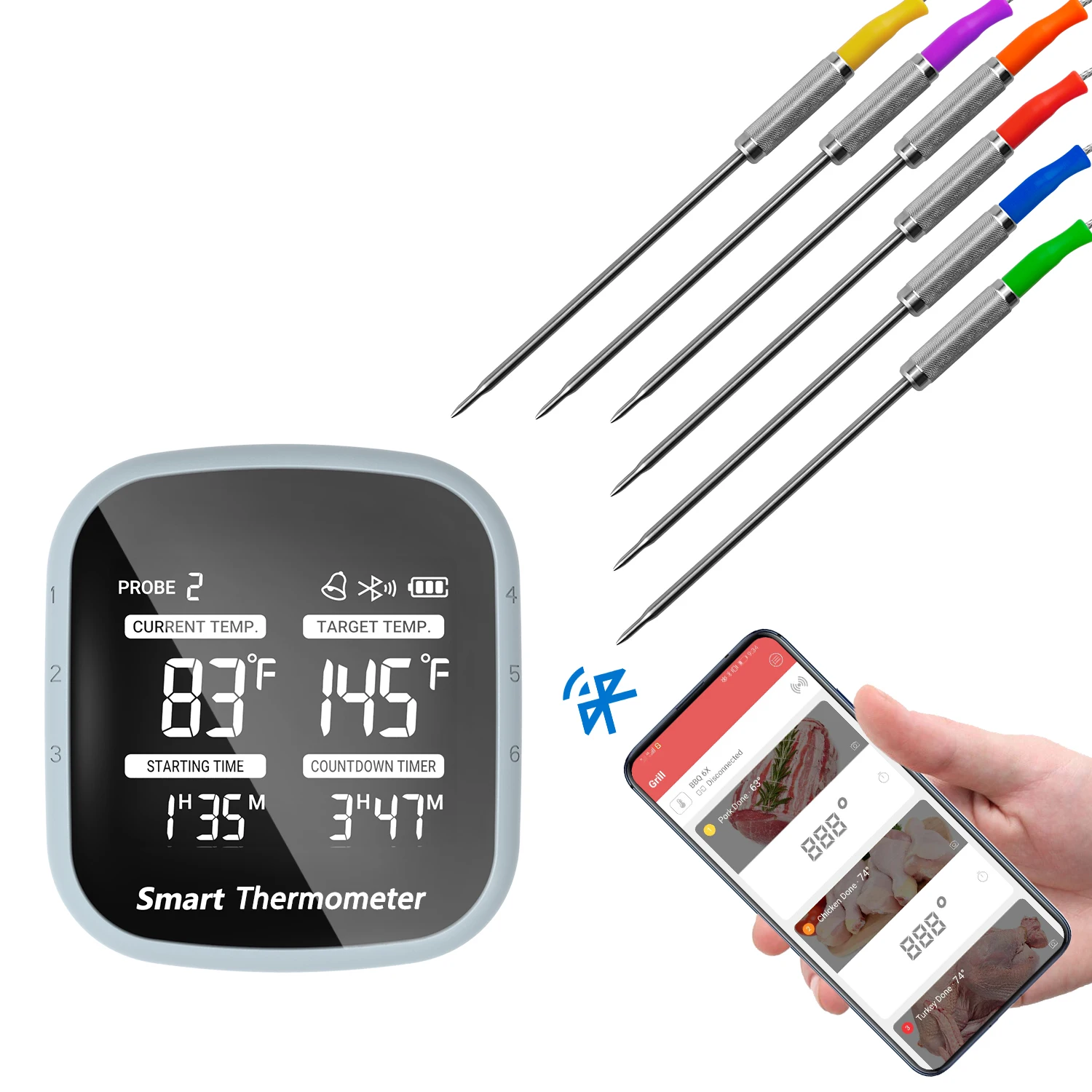Wireless Digital Meat Thermometer Bluetooth Kitchen Thermometer with 6 Temperature Probes Smart Digital Cooking BBQ Thermometer
Wireless Digital Meat Thermometer Bluetooth Kitchen Thermometer with 6 Temperature Probes Smart Digital Cooking BBQ Thermometer