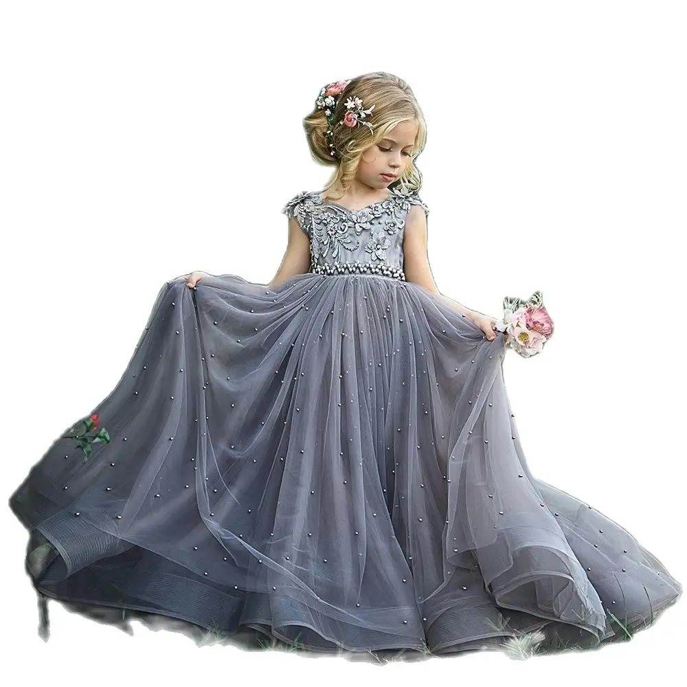 

Темно-серое платье с бусинами, Свадебные Платья с цветочным принтом для девочек, с открытой спиной, с трехмерной аппликацией, детское платье...