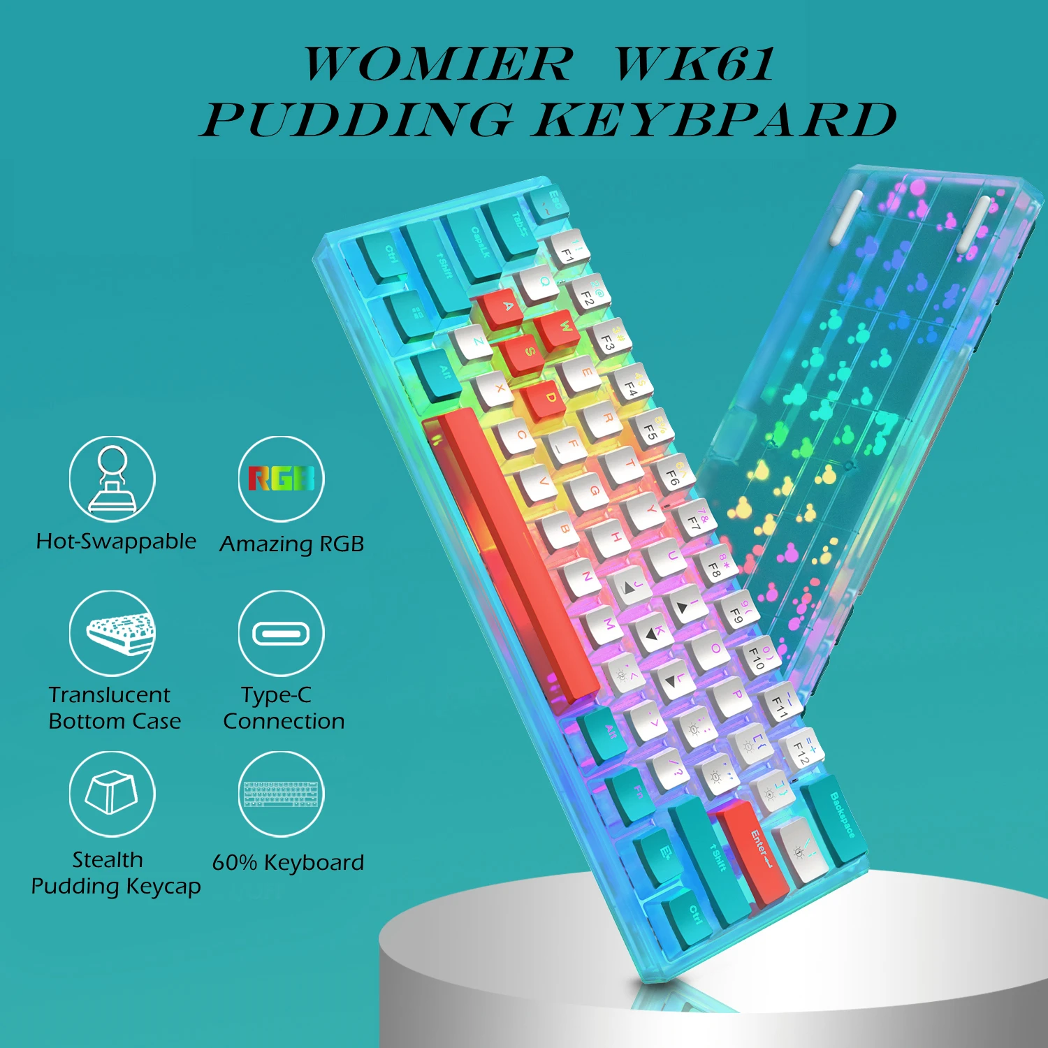 

Игровая клавиатура WK61 с RGB-подсветкой, красный переключатель, клавиатура PBT, пудинговая клавиатура, механическая клавиатура, заменяемая, популярная, раскладка из 2023 ПК