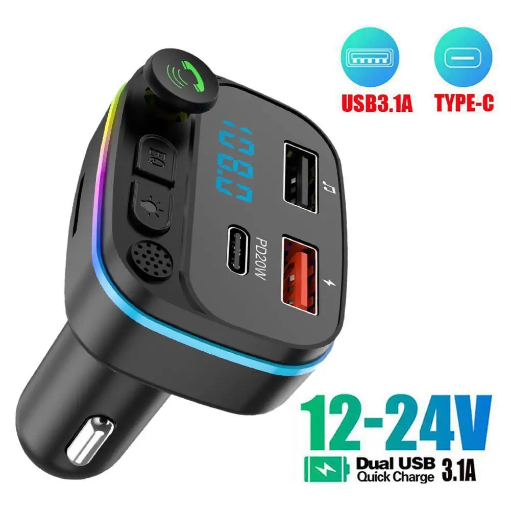 Car Bluetooth 5.0 FM Transmitter PD Type-C Dual USB 3.1A Fast Charger Colorful Ambient Light Handsfree MP3 Modulator Player
Car Bluetooth 5.0 FM Transmitter PD Type-C Dual USB 3.1A Fast Charger Colorful Ambient Light Handsfree MP3 Modulator Player