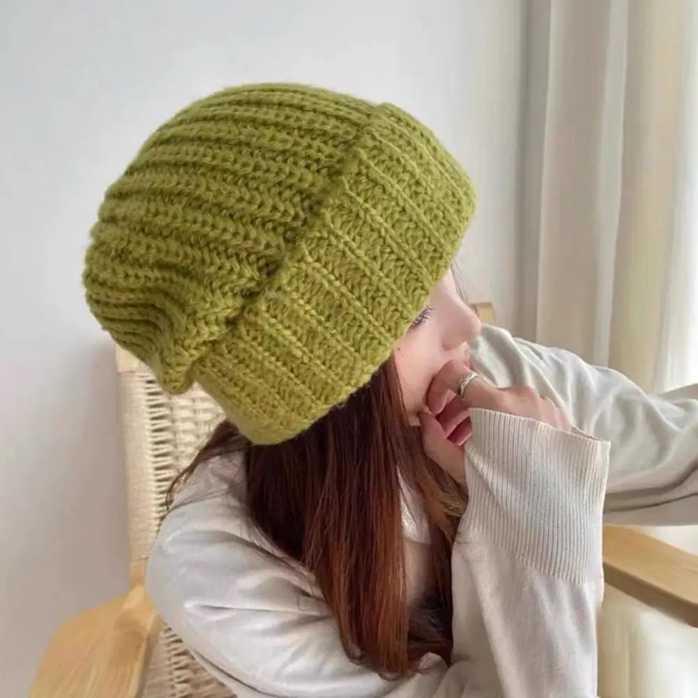 

Women Knitted Hat Baggy Slouchy Ribbed Flanging Stretchy Keep Warm Solid Color Autumn Winter Women Men Beanie Cap for Outdoor