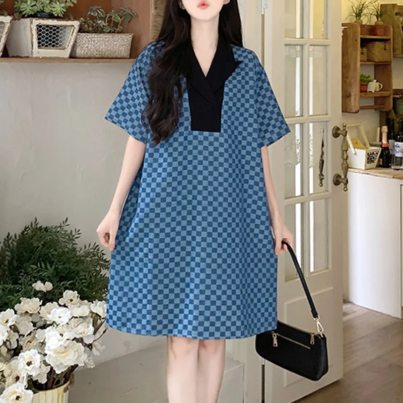 Summer Women Sundress Fashion plaid Loose blue Dress Female Short Sleeve V Neck Vestidos Elegant Office Mini Robe Baggy dresses 
Summer Women Sundress Fashion plaid Loose blue Dress Female Short Sleeve V Neck Vestidos Elegant Office Mini Robe Baggy dresses