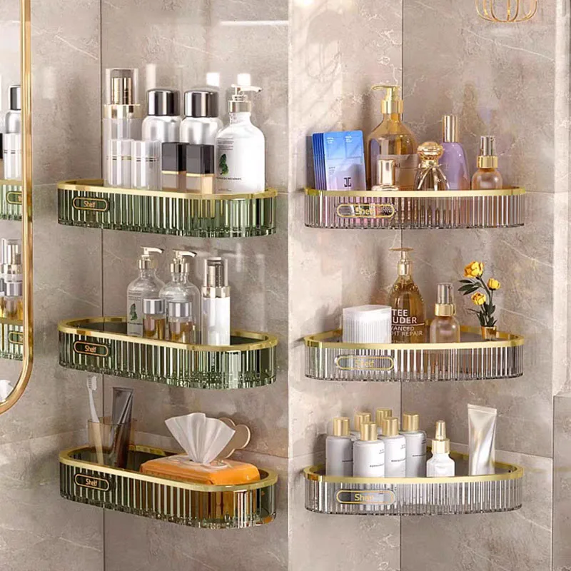 

2024 Bathroom Shelves Makeup Storage Shampoo Rack Shower Shelf No Drilling Wall Mounted Balcony Kitchen Spices Gadgets Organizer