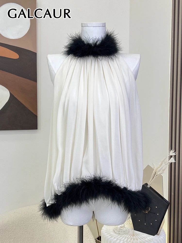 

GALCAUR Casual Hit Color Vests For Women Round Neck Sleeveless Off Shoulder Spliced Feathers Vest Female Summer Fashion Clothing
