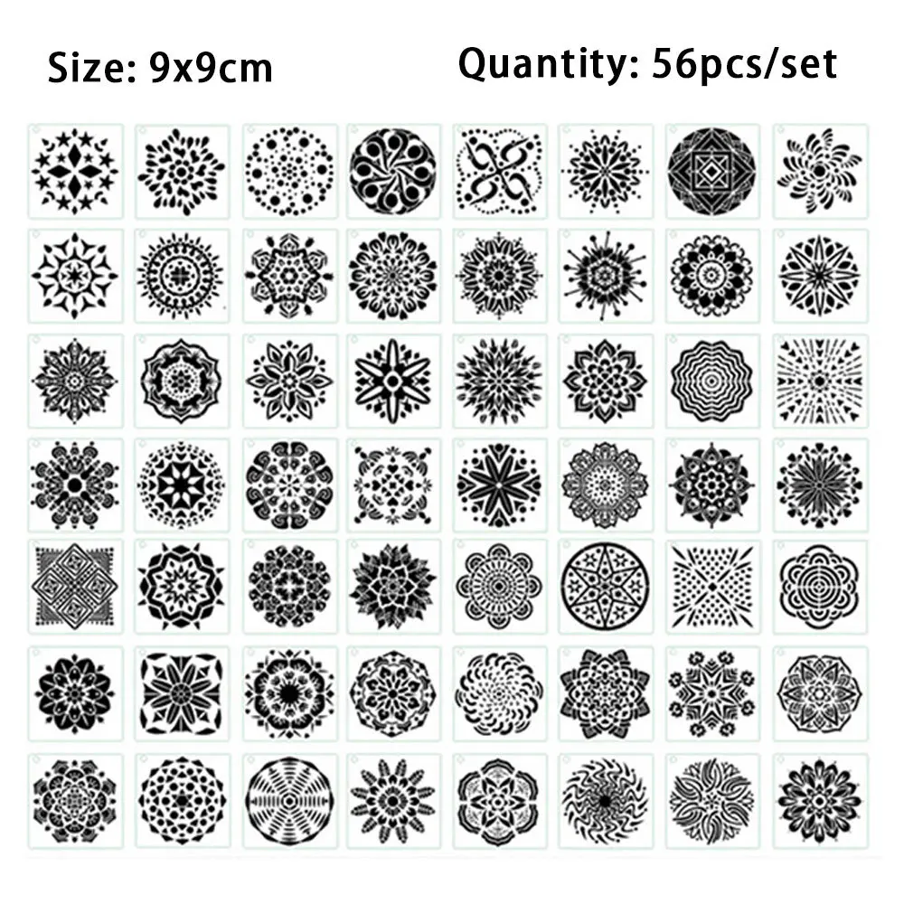 9x9cm 56pcs Mandala Painting Templates Stencils for DIY Rock Scrapbook Coloring Embossing Album Decorative Reusable and Washable
9x9cm 56pcs Mandala Painting Templates Stencils for DIY Rock Scrapbook Coloring Embossing Album Decorative Reusable and Washable