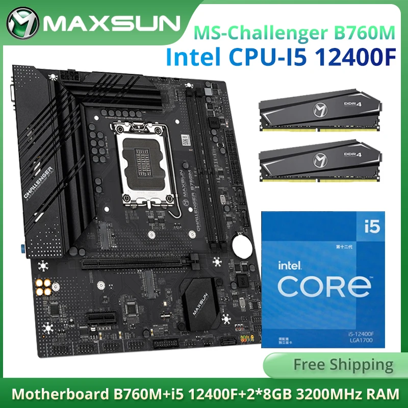 

MAXSUN NEW Motherboard Challenger B760M D4 With CPU Intel i5 12400F LGA1700 DDR4 8GBx2=16GB 3200MHz SATA3 M.2 For Computador