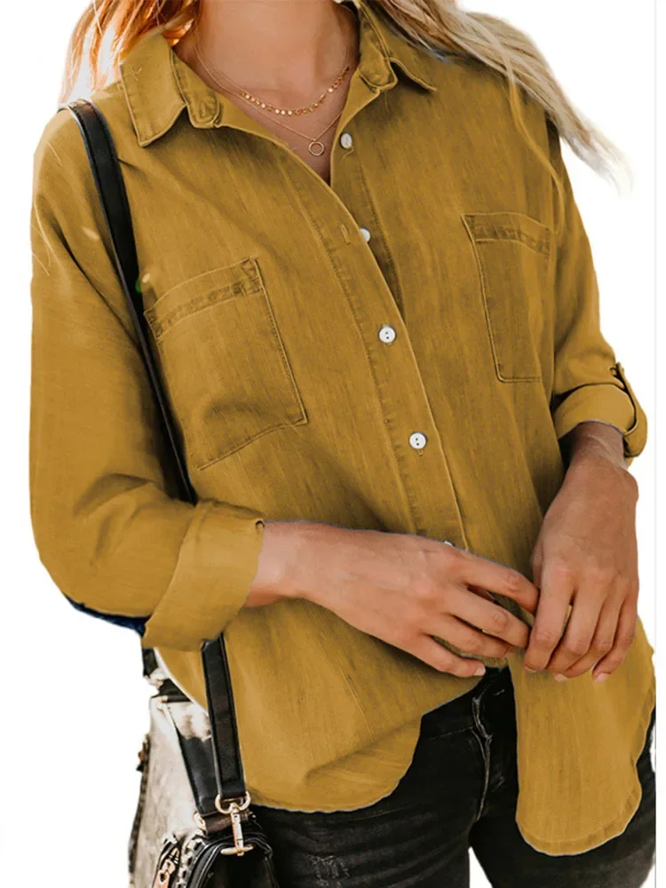 

Женская джинсовая рубашка, универсальная Свободная Повседневная рубашка с двойным карманом и длинными рукавами, в винтажном стиле, весна-осень 2023
