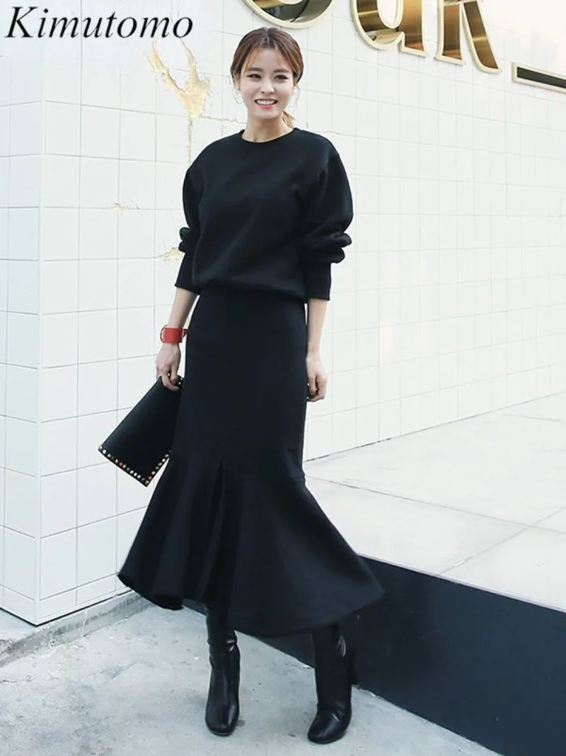 Kimutomo Elegant Loose Solid Two Pieces Suit O-neck Long Sleeves Sweatshirt High Waist Back Split Fishtail Skirt Set Ins Tide 
Kimutomo Elegant Loose Solid Two Pieces Suit O-neck Long Sleeves Sweatshirt High Waist Back Split Fishtail Skirt Set Ins Tide