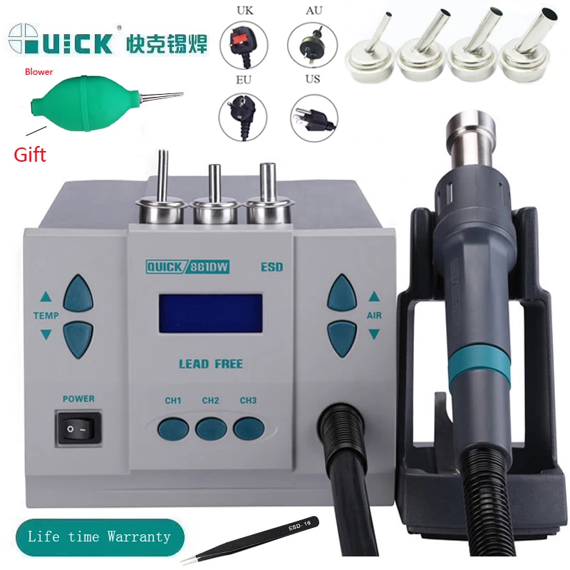 Оригинальная Бессвинцовая паяльная станция QUICK 861DW, 110 Вт, в, паяльная станция горячего воздуха с микрокомпьютером и 7 насадками
Оригинальная Бессвинцовая паяльная станция QUICK 861DW, 110 Вт, в, паяльная станция горячего воздуха с микрокомпьютером и 7 насадками