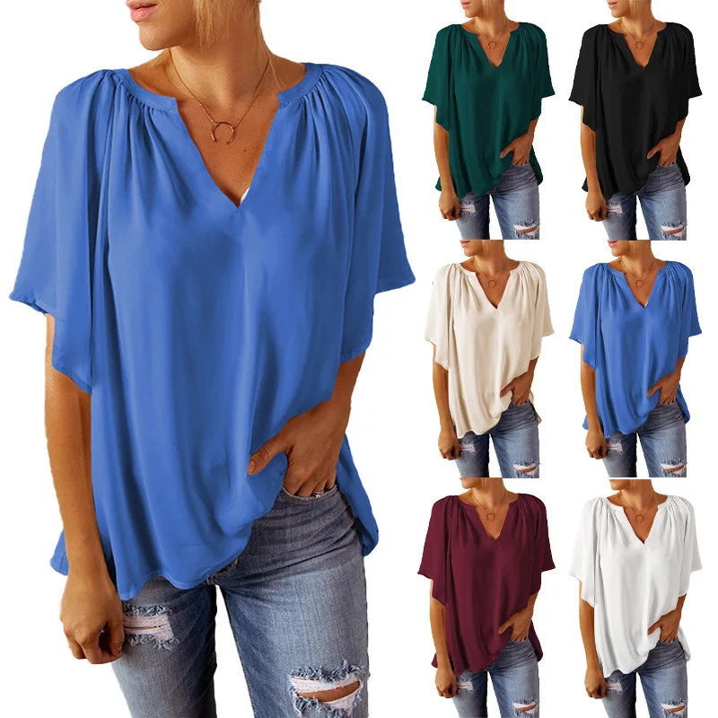2022 Summer Women Chiffon Blouse Ladies Loose Casual Solid Color Half Sleeve V-Neck Shirts Female Fashion Tops 
2022 Summer Women Chiffon Blouse Ladies Loose Casual Solid Color Half Sleeve V-Neck Shirts Female Fashion Tops