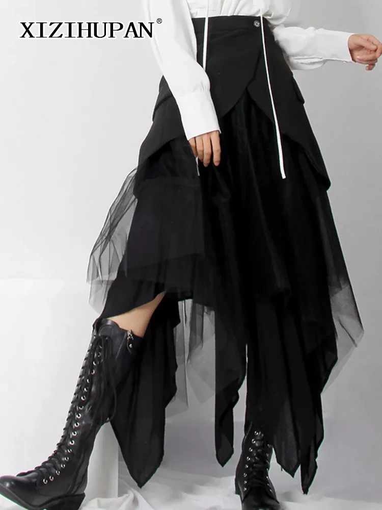 

XIZIHUPAN Patchwork Sheer Mesh Skirt For Women High Waist Asymmetrical Solid Midi Skirts Female 2022 Autumn Fashion Clothing New
