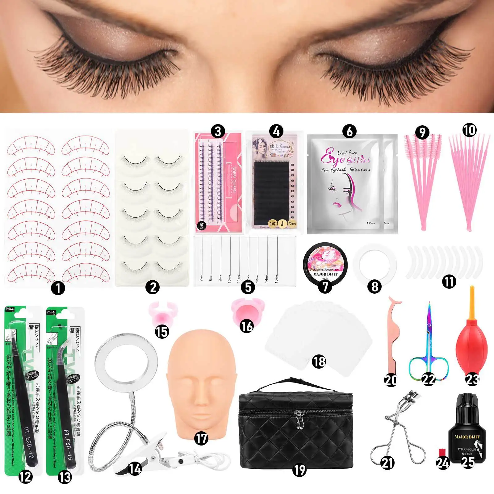 25 in 1 False Eyelash Extension Training Kit Practice Model Head Eye Pads Tweezers Glue Ring Brush Grafting Eyelash Tools Kit
25 in 1 False Eyelash Extension Training Kit Practice Model Head Eye Pads Tweezers Glue Ring Brush Grafting Eyelash Tools Kit