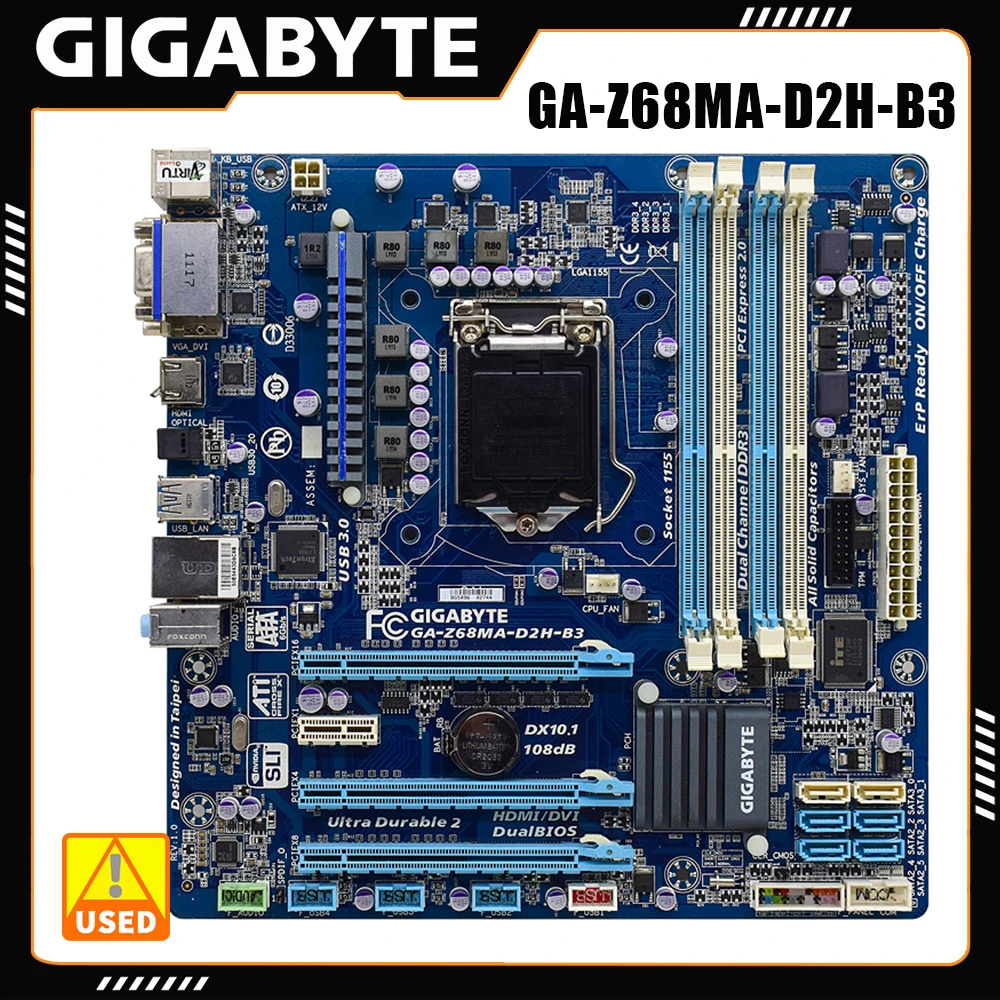 

Gigabyte GA-Z68MA-D2H-B3 motherboard Intel Z68 Chipset LGA 1155 Socket Supports Core i7 i5 i3 Pentium Celeron Processor DDR3 32G