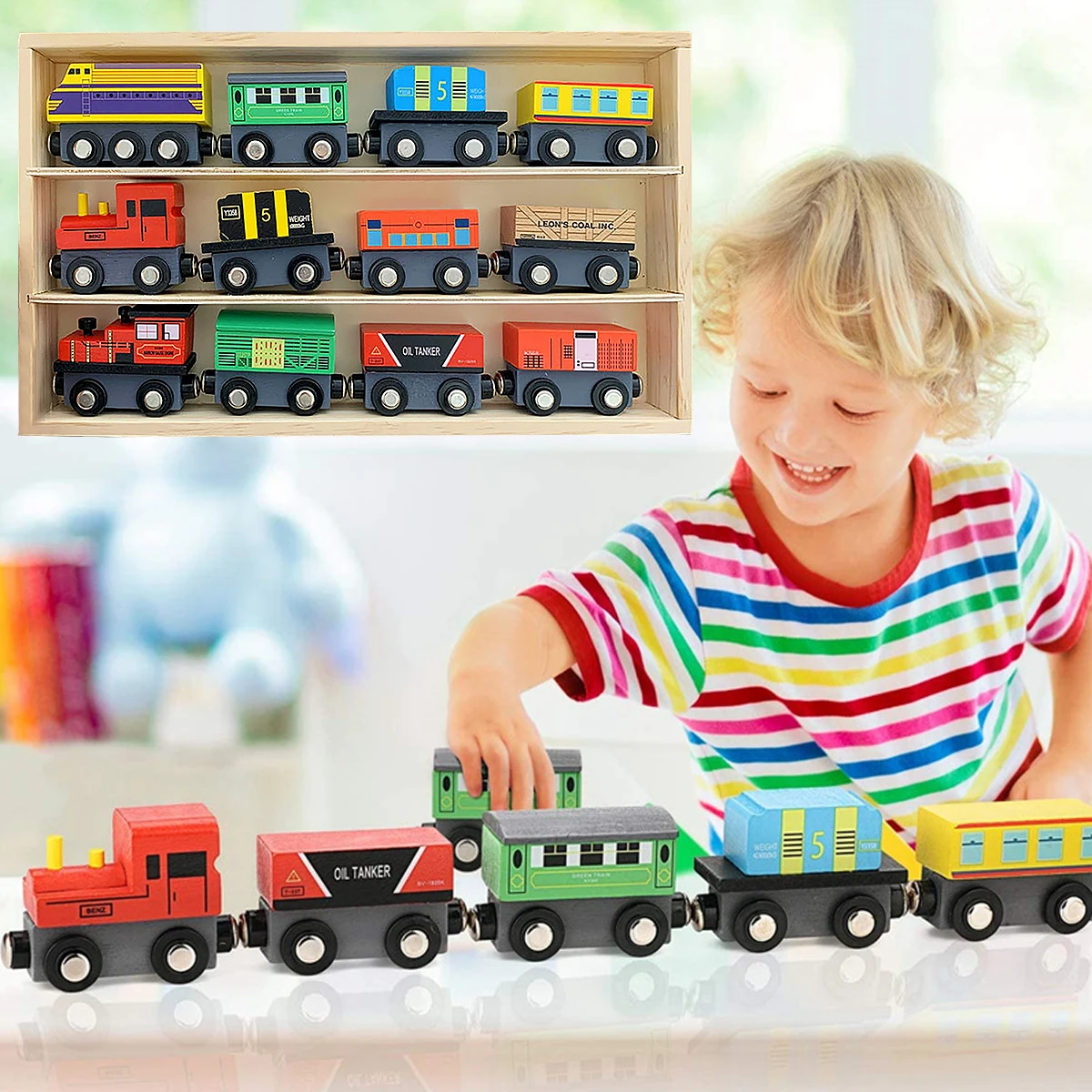 12 шт., деревянные игрушки-поезда для развития мелкой моторики 
12 шт., деревянные игрушки-поезда для развития мелкой моторики